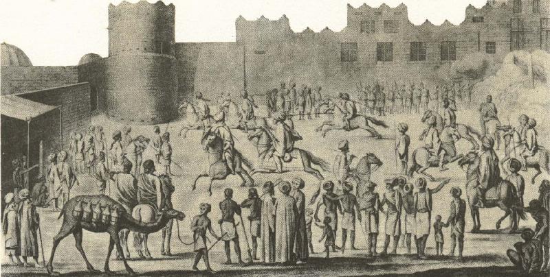 william r clark niebuhrs teckning av soldater som exercerar pa en palatsgard.